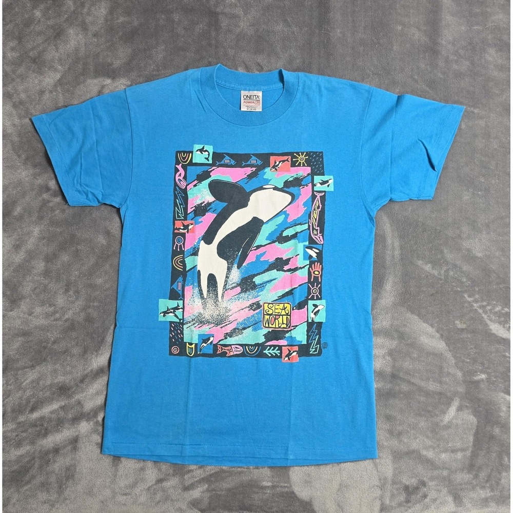 Vintage Oneita Sea World Shirt Mens Medium Blue Orca Whale Graphic Art Tee 90s